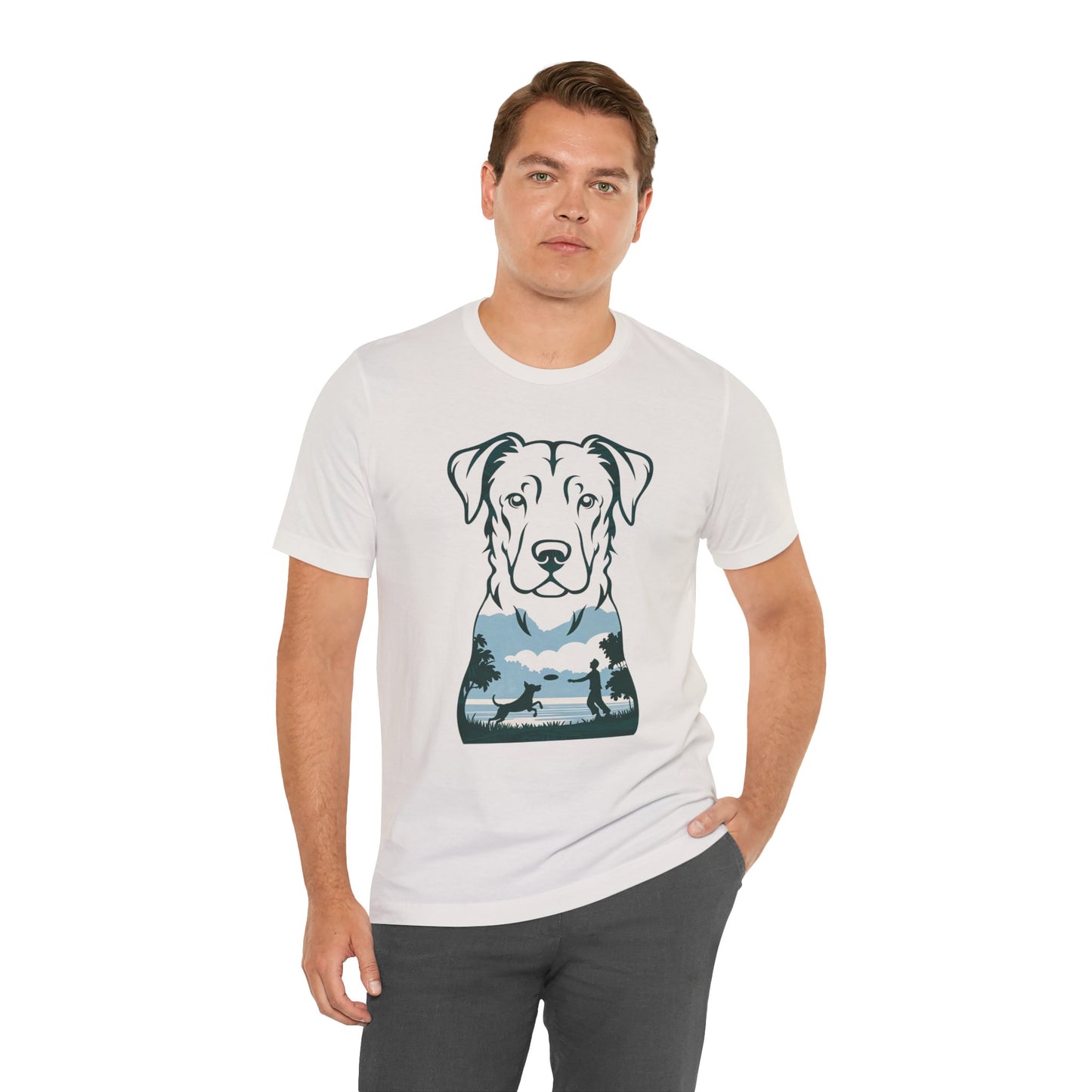 Minimalist Dog Silhouette T-Shirt for Dog Lovers | "Playful Pet Scene in Artistic Design" - Unisex Tee