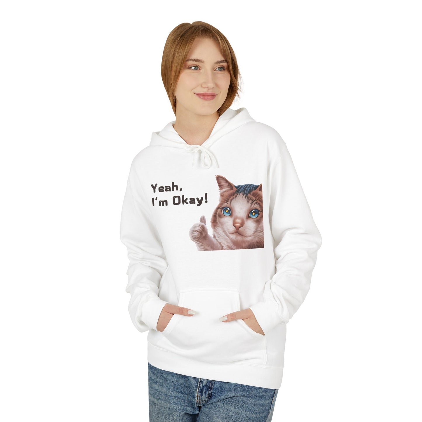 Yeah, I'm Okay! Meme Hoodie For Cat Lovers | Printed Unisex Fleece Hoodie for Cat Lovers