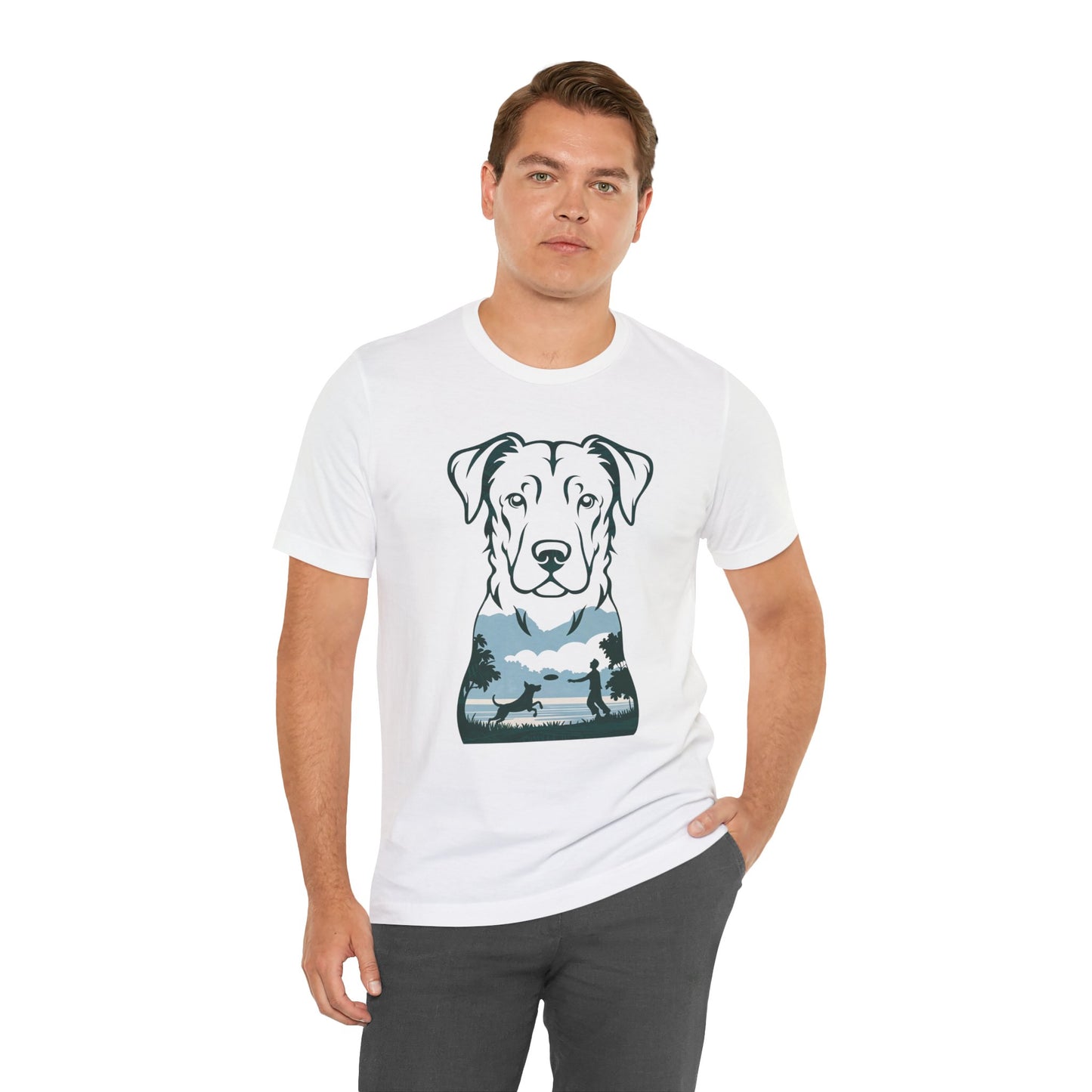 Minimalist Dog Silhouette T-Shirt for Dog Lovers | "Playful Pet Scene in Artistic Design" - Unisex Tee