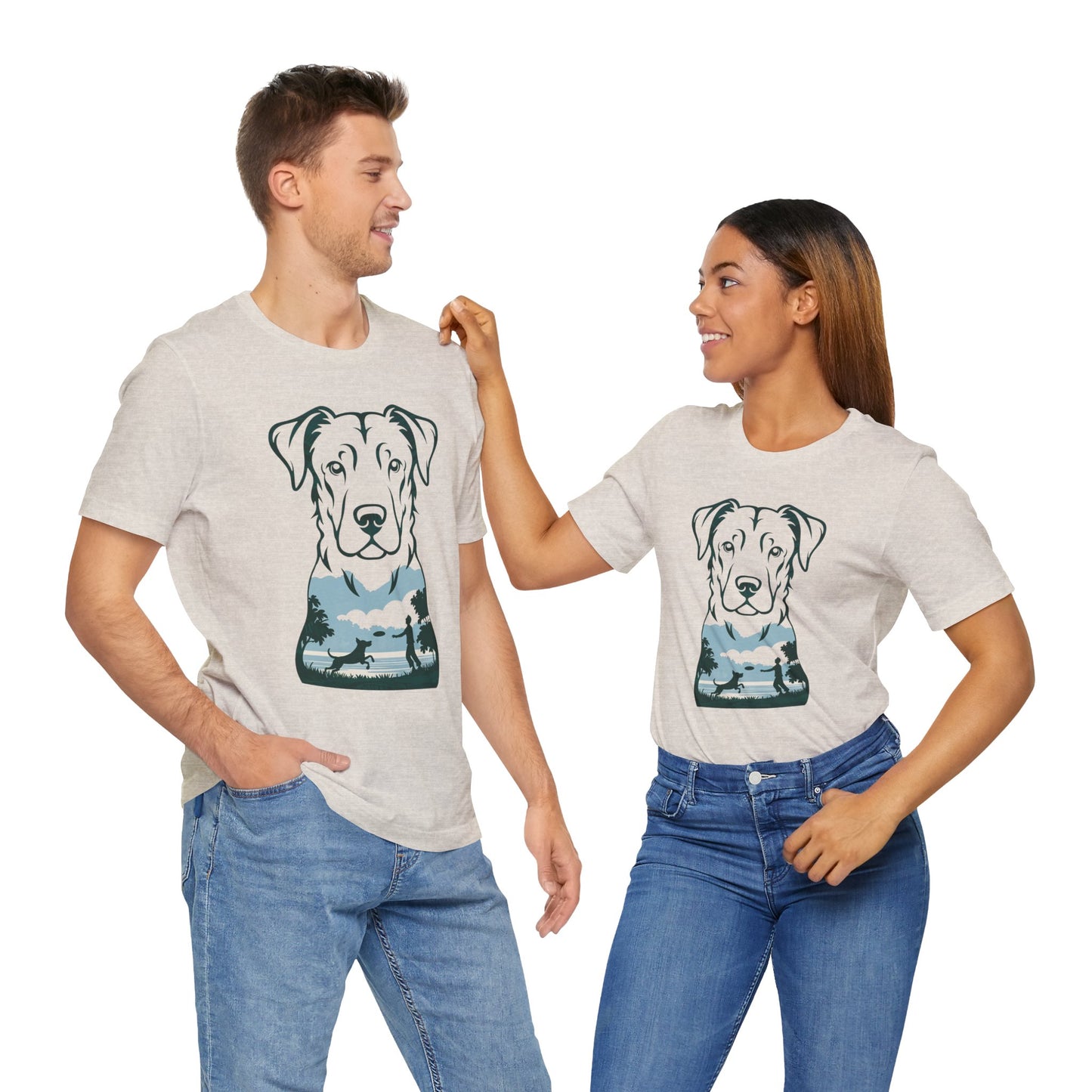 Minimalist Dog Silhouette T-Shirt for Dog Lovers | "Playful Pet Scene in Artistic Design" - Unisex Tee