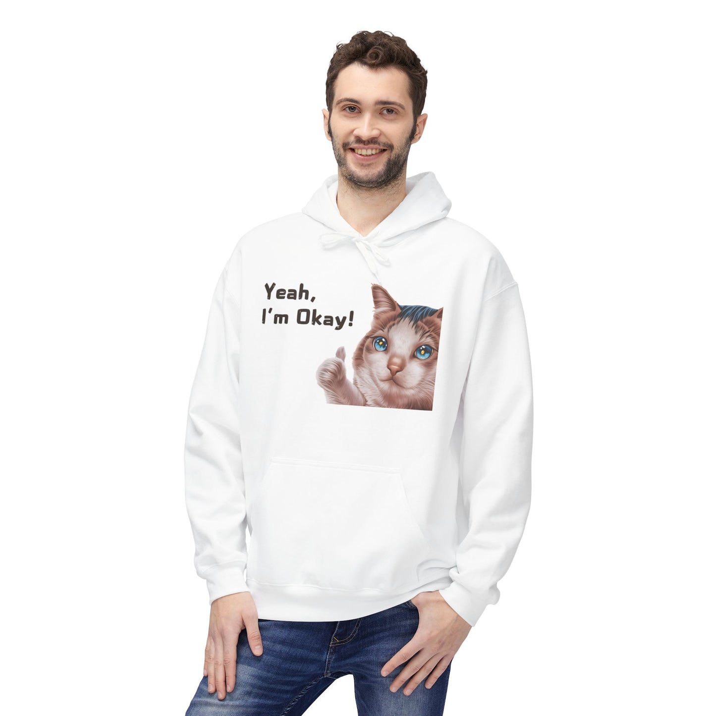 Yeah, I'm Okay! Meme Hoodie For Cat Lovers | Printed Unisex Fleece Hoodie for Cat Lovers