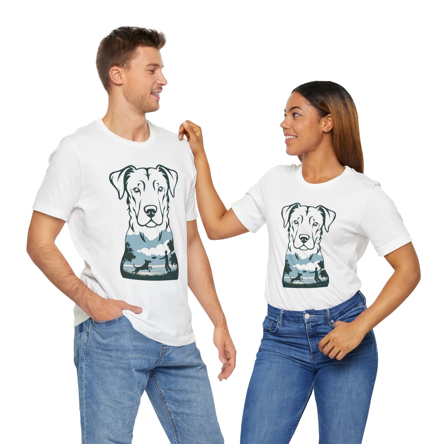 Minimalist Dog Silhouette T-Shirt for Dog Lovers | "Playful Pet Scene in Artistic Design" - Unisex Tee