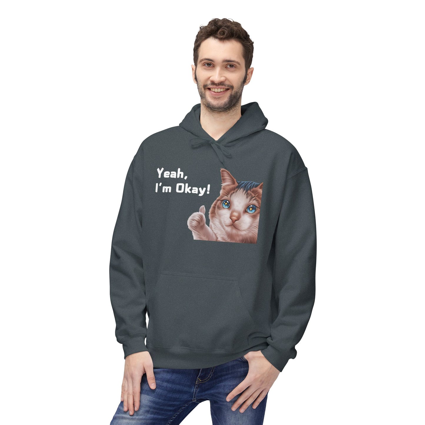 Yeah, I'm Okay! Meme Hoodie For Cat Lovers | Printed Unisex Fleece Hoodie for Cat Lovers