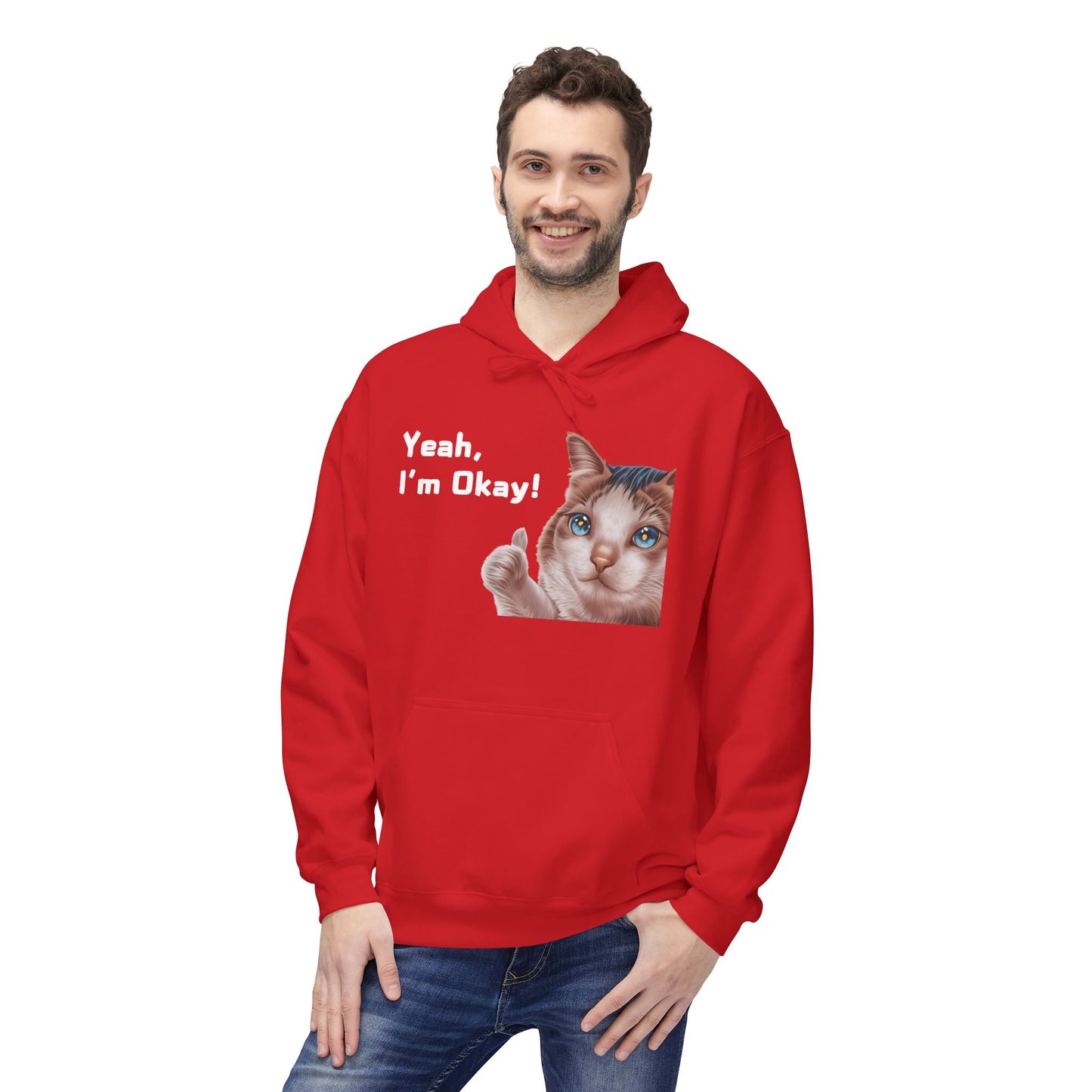 Yeah, I'm Okay! Meme Hoodie For Cat Lovers | Printed Unisex Fleece Hoodie for Cat Lovers