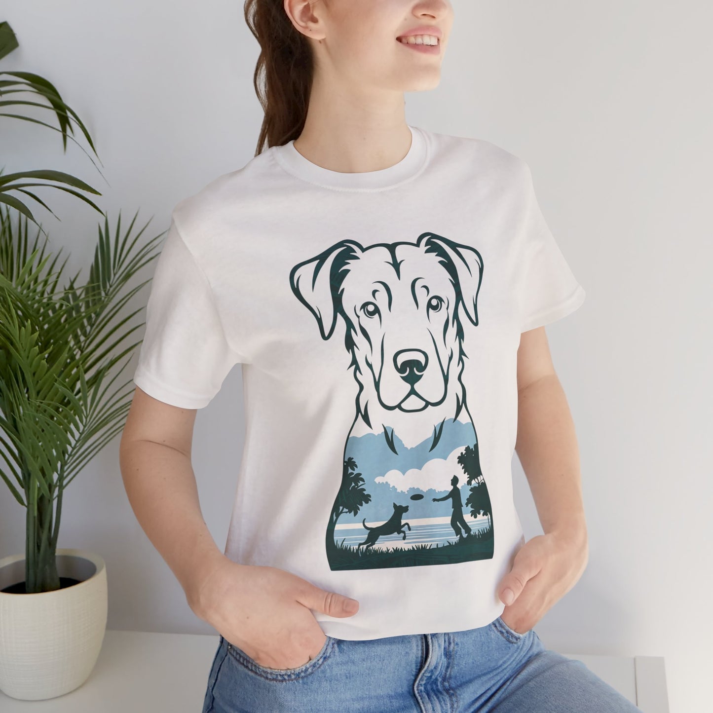 Minimalist Dog Silhouette T-Shirt for Dog Lovers | "Playful Pet Scene in Artistic Design" - Unisex Tee